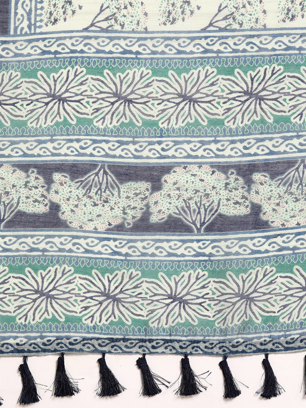 Blue Cotton Blend Printed Dabu Saree with Unstitched Blouse - Hiral Fashion | Grocsy