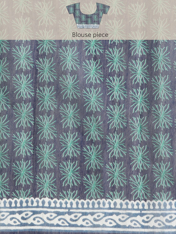 Blue Cotton Blend Printed Dabu Saree with Unstitched Blouse - Hiral Fashion | Grocsy