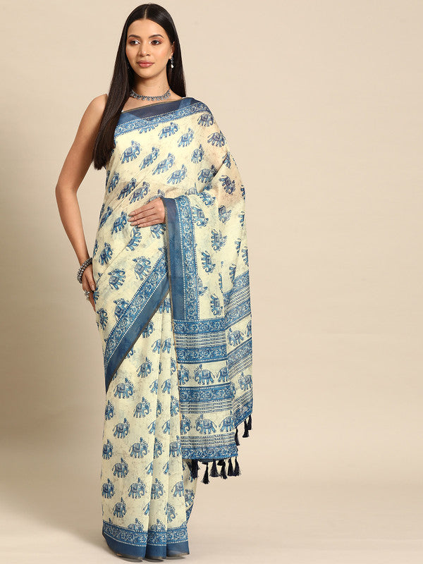 Blue Cotton Blend Printed Dabu Saree with Unstitched Blouse - Hiral Fashion | Grocsy