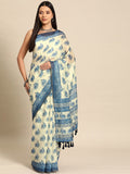 Blue Cotton Blend Printed Dabu Saree with Unstitched Blouse - Hiral Fashion | Grocsy