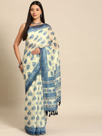 Blue Cotton Blend Printed Dabu Saree with Unstitched Blouse - Hiral Fashion | Grocsy