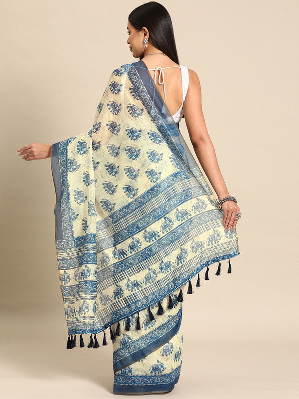 Blue Cotton Blend Printed Dabu Saree with Unstitched Blouse - Hiral Fashion | Grocsy