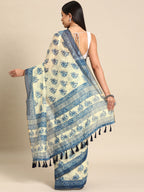 Blue Cotton Blend Printed Dabu Saree with Unstitched Blouse - Hiral Fashion | Grocsy
