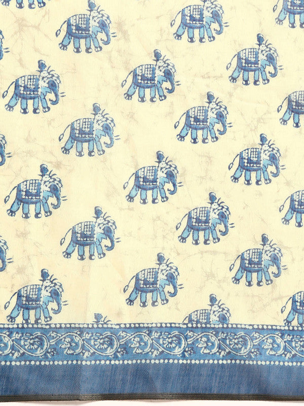 Blue Cotton Blend Printed Dabu Saree with Unstitched Blouse - Hiral Fashion | Grocsy