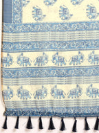 Blue Cotton Blend Printed Dabu Saree with Unstitched Blouse - Hiral Fashion | Grocsy