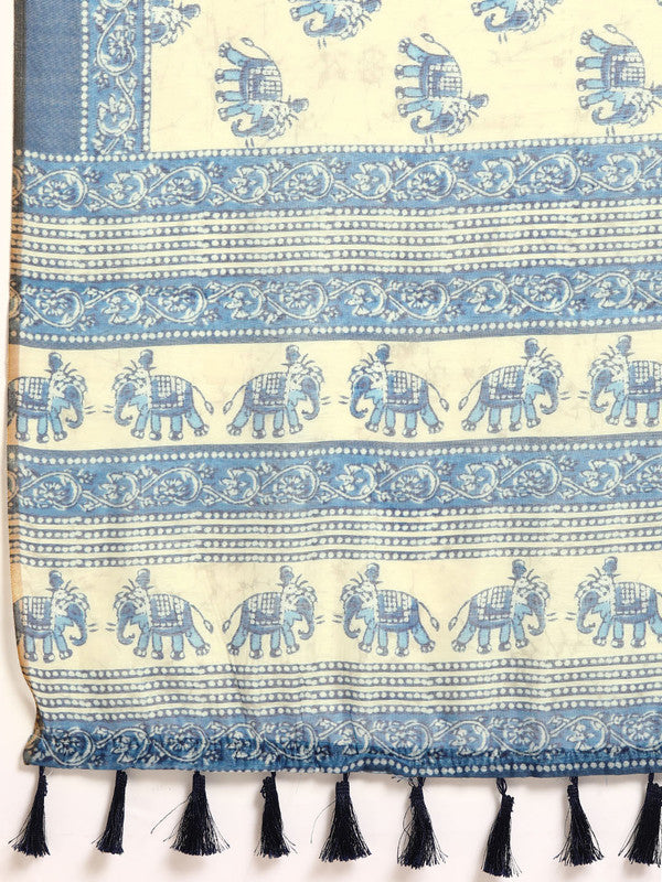 Blue Cotton Blend Printed Dabu Saree with Unstitched Blouse - Hiral Fashion | Grocsy