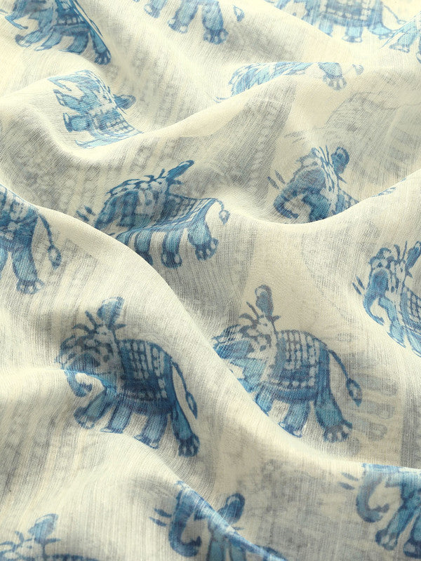 Blue Cotton Blend Printed Dabu Saree with Unstitched Blouse - Hiral Fashion | Grocsy