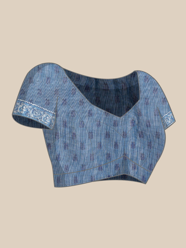 Blue Cotton Blend Printed Dabu Saree with Unstitched Blouse - Hiral Fashion | Grocsy