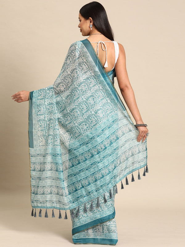 Turquoise Cotton Blend Printed Dabu Saree with Unstitched Blouse - Hiral Fashion | Grocsy