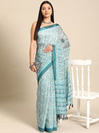 Turquoise Cotton Blend Printed Dabu Saree with Unstitched Blouse - Hiral Fashion | Grocsy