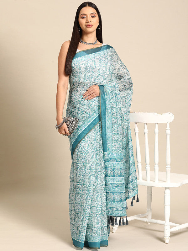 Turquoise Cotton Blend Printed Dabu Saree with Unstitched Blouse - Hiral Fashion | Grocsy