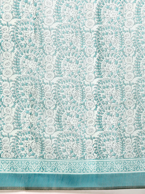 Turquoise Cotton Blend Printed Dabu Saree with Unstitched Blouse - Hiral Fashion | Grocsy
