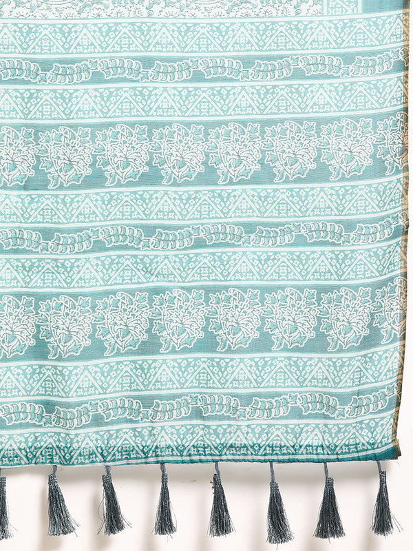 Turquoise Cotton Blend Printed Dabu Saree with Unstitched Blouse - Hiral Fashion | Grocsy