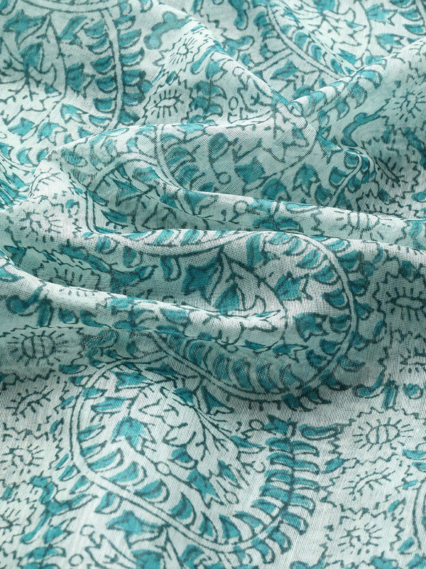 Turquoise Cotton Blend Printed Dabu Saree with Unstitched Blouse - Hiral Fashion | Grocsy