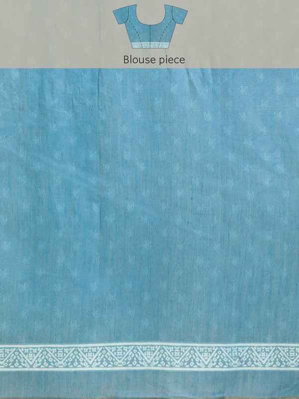 Turquoise Cotton Blend Printed Dabu Saree with Unstitched Blouse - Hiral Fashion | Grocsy