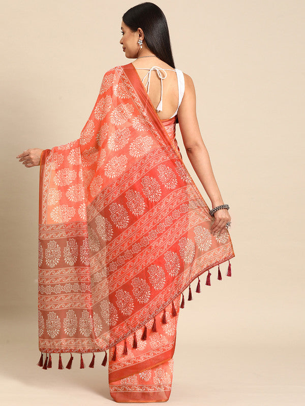 Peach Cotton Blend Printed Dabu Saree with Unstitched Blouse - Hiral Fashion | Grocsy