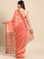 Peach Cotton Blend Printed Dabu Saree with Unstitched Blouse - Hiral Fashion | Grocsy