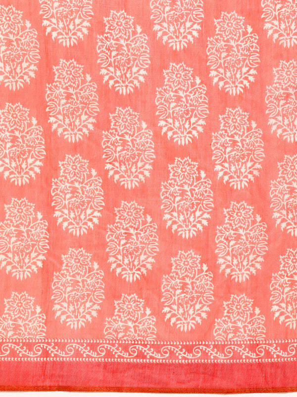 Peach Cotton Blend Printed Dabu Saree with Unstitched Blouse - Hiral Fashion | Grocsy