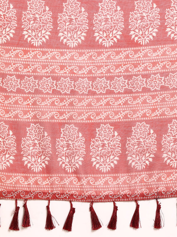 Peach Cotton Blend Printed Dabu Saree with Unstitched Blouse - Hiral Fashion | Grocsy