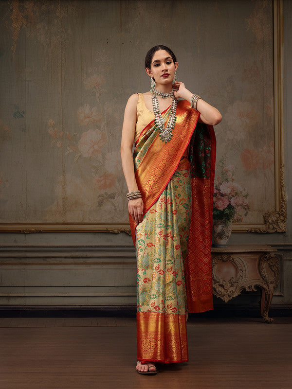 Gray Pure Silk Woven Zari Design Floral Saree with Unstitched Blouse - Hiral Fashion | Grocsy