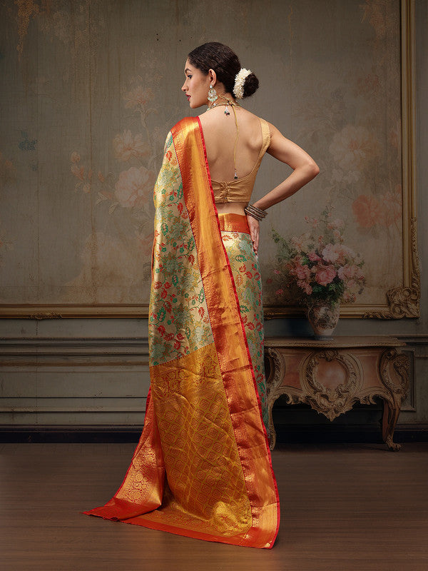 Gray Pure Silk Woven Zari Design Floral Saree with Unstitched Blouse - Hiral Fashion | Grocsy