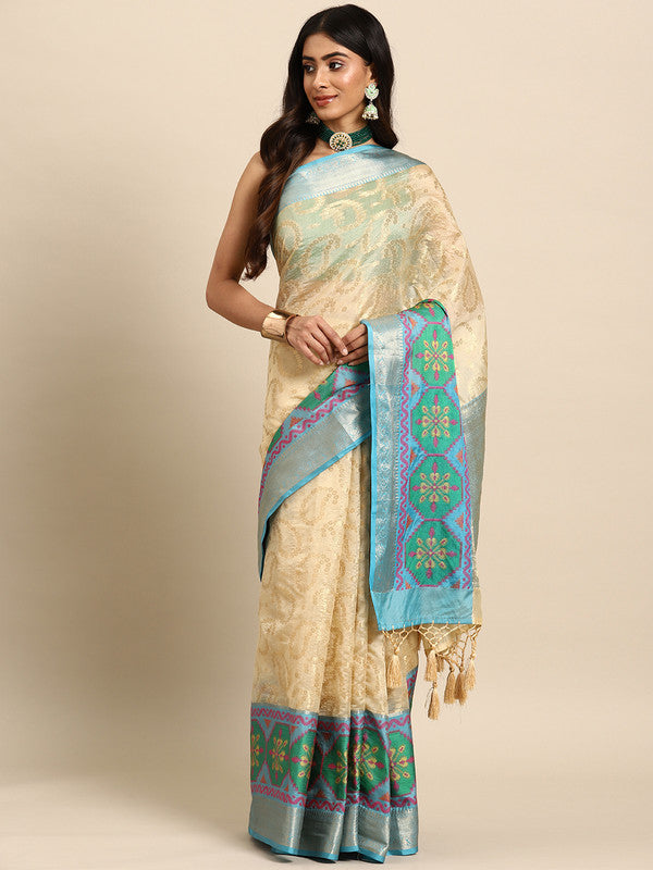 Beige Silk Blend Woven Zari Design Paisley Saree with Unstitched Blouse - Hiral Fashion | Grocsy