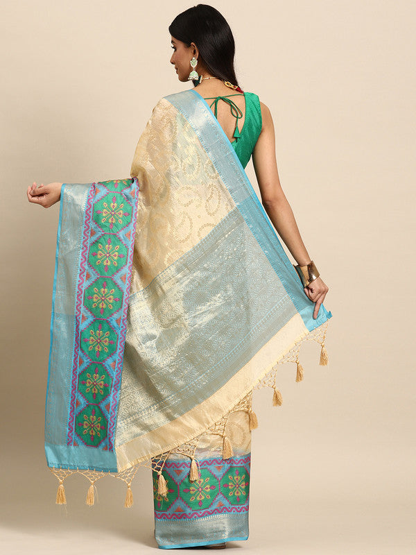 Beige Silk Blend Woven Zari Design Paisley Saree with Unstitched Blouse - Hiral Fashion | Grocsy