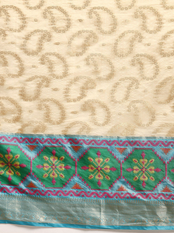 Beige Silk Blend Woven Zari Design Paisley Saree with Unstitched Blouse - Hiral Fashion | Grocsy