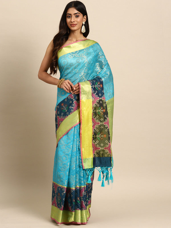 Blue Silk Blend Woven Zari Design Geomatric Saree with Unstitched Blouse - Hiral Fashion | Grocsy