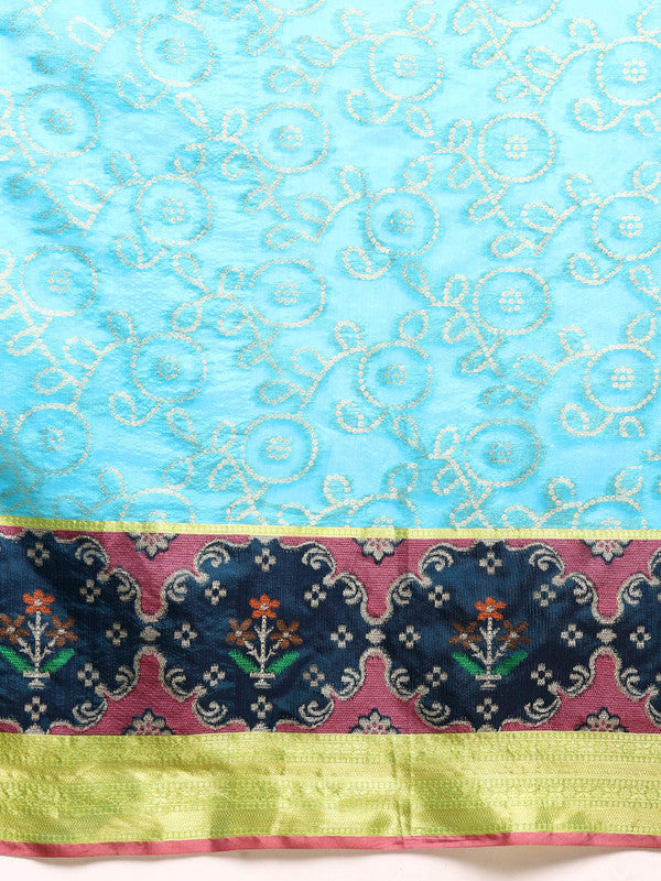 Blue Silk Blend Woven Zari Design Geomatric Saree with Unstitched Blouse - Hiral Fashion | Grocsy