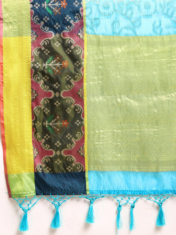 Blue Silk Blend Woven Zari Design Geomatric Saree with Unstitched Blouse - Hiral Fashion | Grocsy