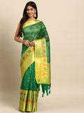 Green Silk Blend Woven Zari Design Striped Saree with Unstitched Blouse - Hiral Fashion | Grocsy