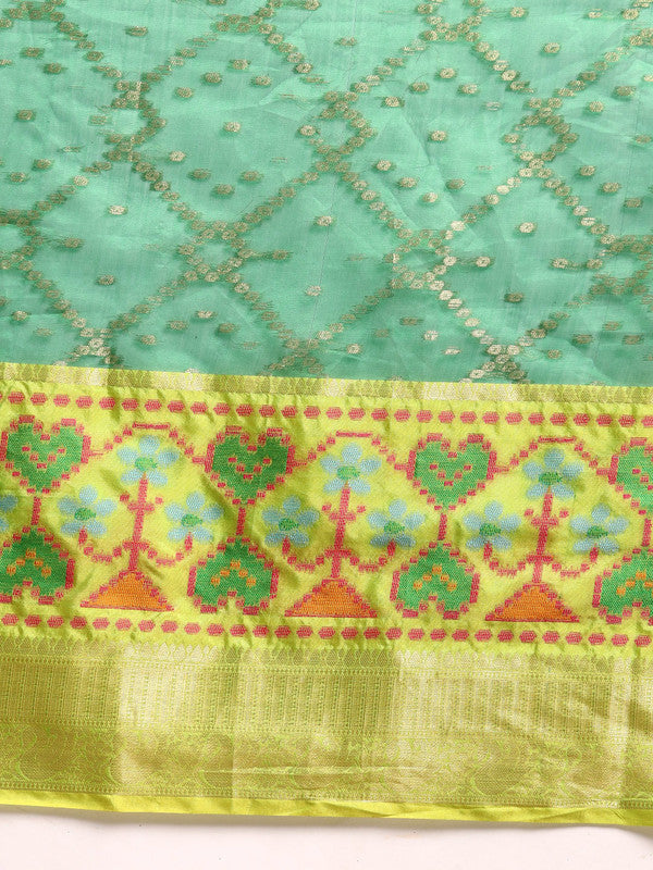 Green Silk Blend Woven Zari Design Striped Saree with Unstitched Blouse - Hiral Fashion | Grocsy