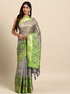 Gray Silk Blend Woven Zari Design Geomatric Saree with Unstitched Blouse - Hiral Fashion | Grocsy