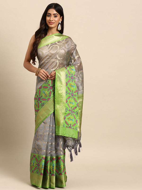 Gray Silk Blend Woven Zari Design Geomatric Saree with Unstitched Blouse - Hiral Fashion | Grocsy