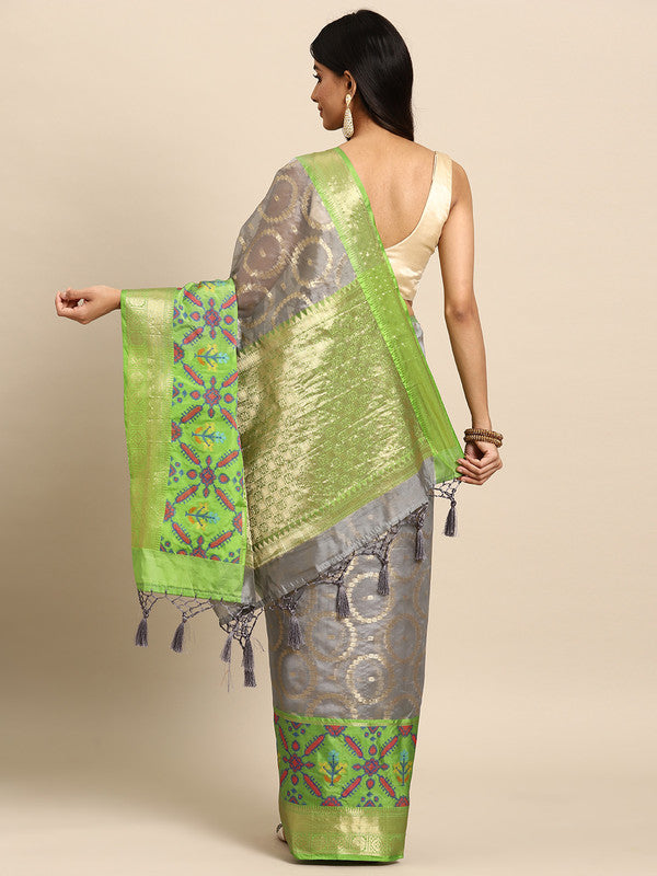 Gray Silk Blend Woven Zari Design Geomatric Saree with Unstitched Blouse - Hiral Fashion | Grocsy