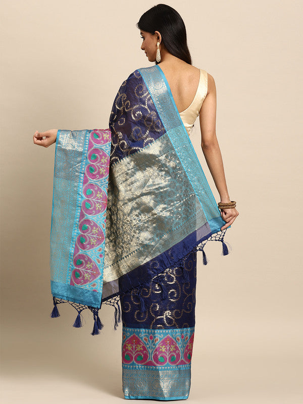 Navy Blue Silk Blend Woven Zari Design Floral Saree with Unstitched Blouse - Hiral Fashion | Grocsy