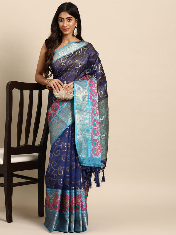 Navy Blue Silk Blend Woven Zari Design Floral Saree with Unstitched Blouse - Hiral Fashion | Grocsy