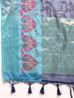 Navy Blue Silk Blend Woven Zari Design Floral Saree with Unstitched Blouse - Hiral Fashion | Grocsy