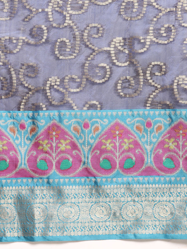 Navy Blue Silk Blend Woven Zari Design Floral Saree with Unstitched Blouse - Hiral Fashion | Grocsy