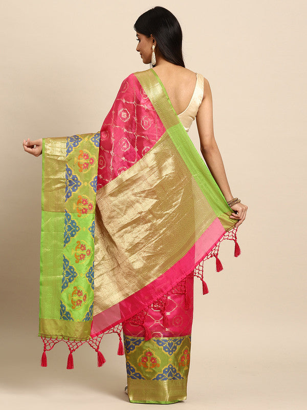 Pink Silk Blend Woven Zari Design Geomatric Saree with Unstitched Blouse - Hiral Fashion | Grocsy
