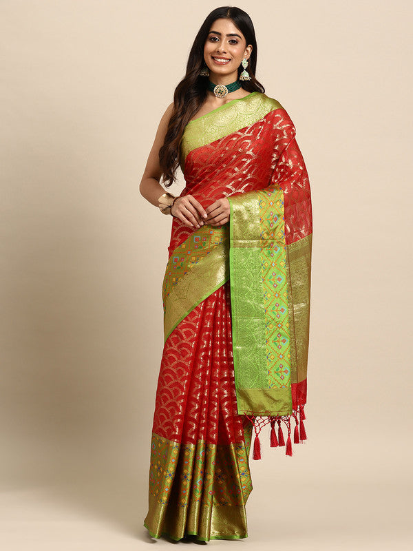 Red Silk Blend Woven Zari Design Striped Saree with Unstitched Blouse - Hiral Fashion | Grocsy