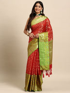 Red Silk Blend Woven Zari Design Striped Saree with Unstitched Blouse - Hiral Fashion | Grocsy