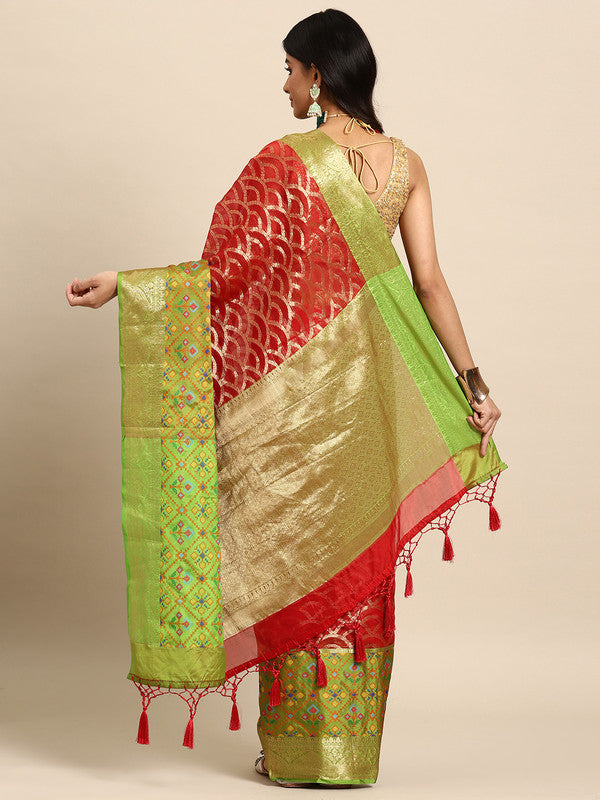 Red Silk Blend Woven Zari Design Striped Saree with Unstitched Blouse - Hiral Fashion | Grocsy