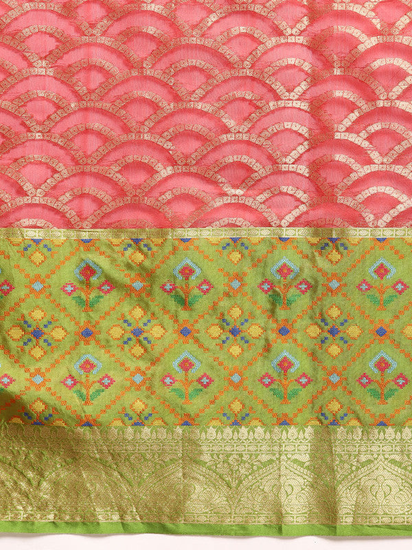 Red Silk Blend Woven Zari Design Striped Saree with Unstitched Blouse - Hiral Fashion | Grocsy
