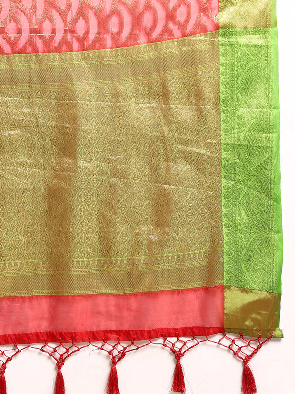 Red Silk Blend Woven Zari Design Striped Saree with Unstitched Blouse - Hiral Fashion | Grocsy