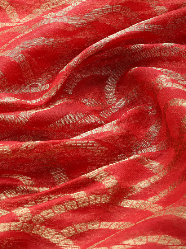 Red Silk Blend Woven Zari Design Striped Saree with Unstitched Blouse - Hiral Fashion | Grocsy