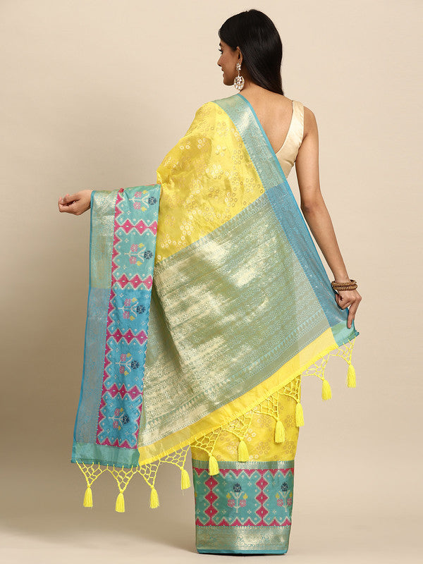 Yellow Silk Blend Woven Zari Design Geomatric Saree with Unstitched Blouse - Hiral Fashion | Grocsy