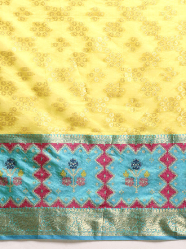 Yellow Silk Blend Woven Zari Design Geomatric Saree with Unstitched Blouse - Hiral Fashion | Grocsy