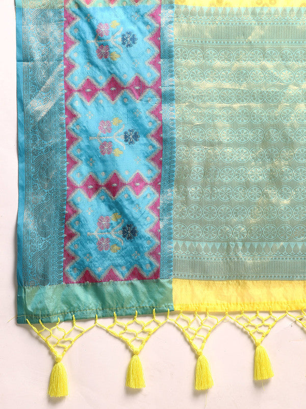 Yellow Silk Blend Woven Zari Design Geomatric Saree with Unstitched Blouse - Hiral Fashion | Grocsy